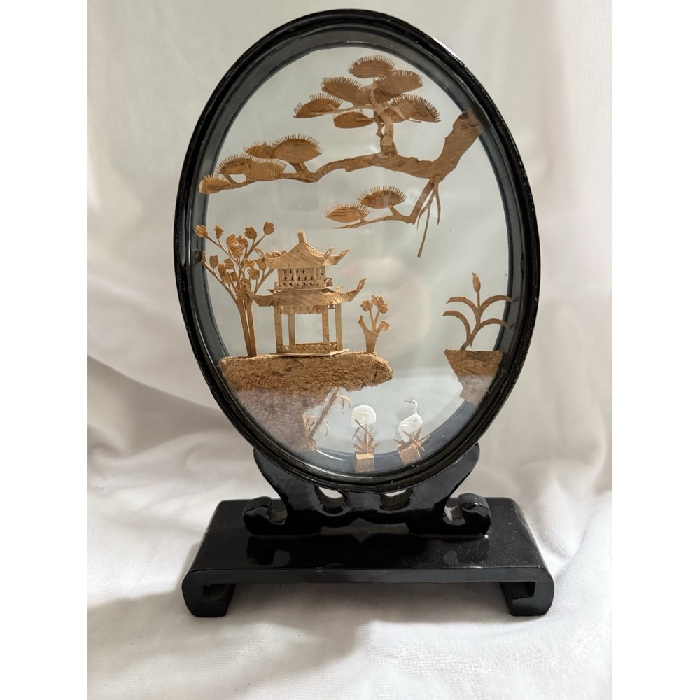 Vintage Asian Cork Carving Diorama Shadow Box black Lacquer Crane Birds